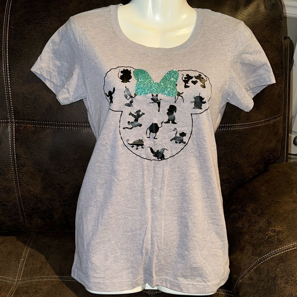 NEVER WORN Gray with Blue Glitter Bow Short Sleeve Tee with Disney Graphic Print